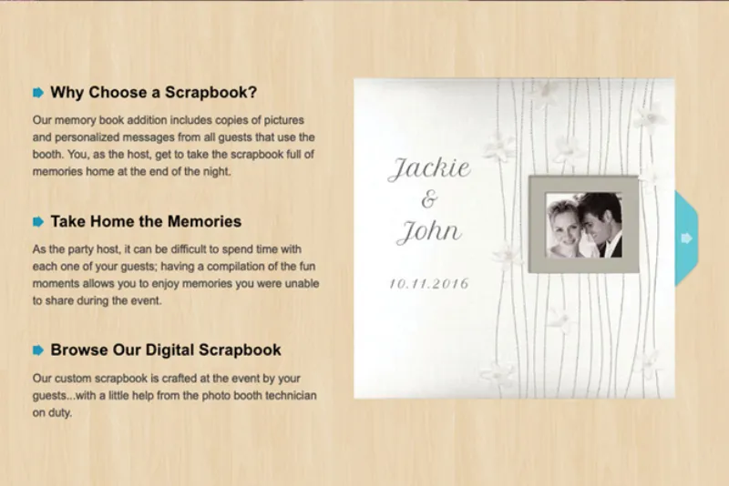 Open photo booth guestbook showing printed photos with guest messages