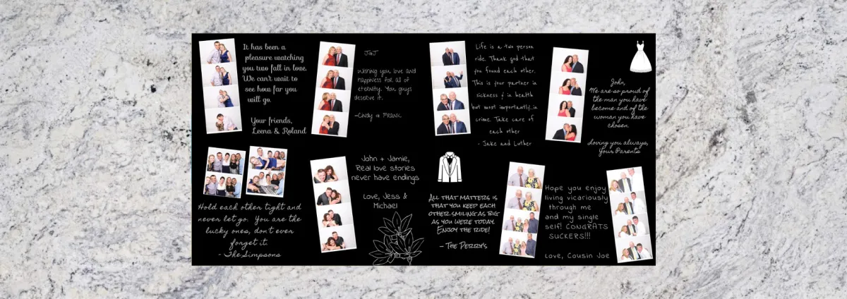 Custom photo booth guestbook with printed photos and handwritten messages